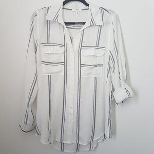 Mind Button Down Collar White/Gray Stripe Top, M